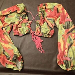 SHEIN Pink Tie Front Long Sleeve Crop Blouse